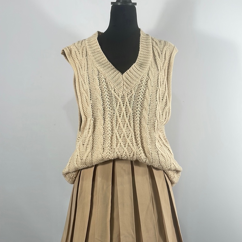 Ivory Sweater Vest,Knit Sweater Vest,Sleeveless Casual Knit,V neck,long,small - Picture 2 of 11